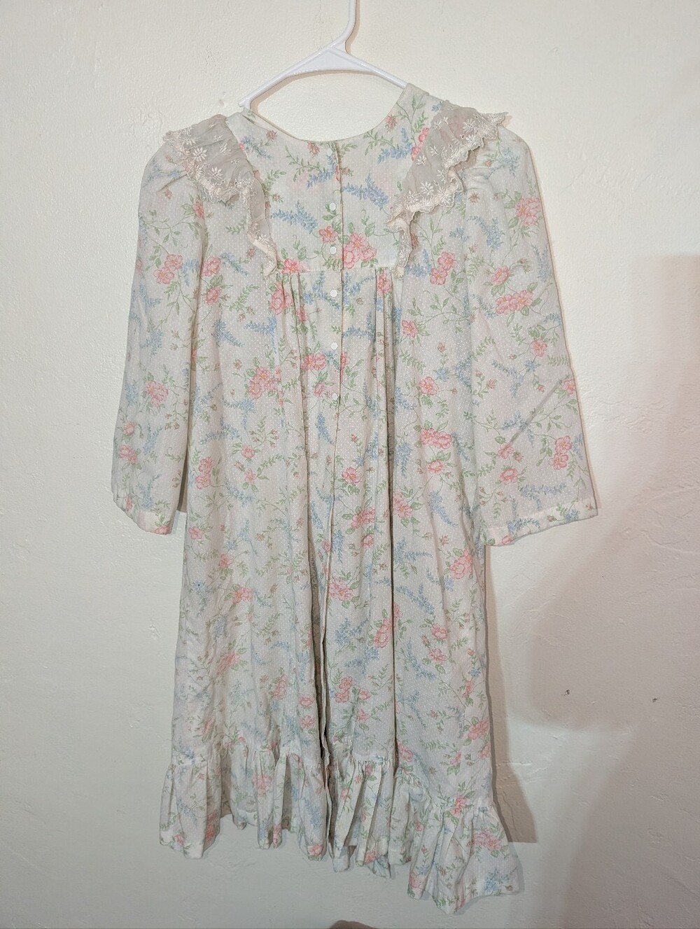 Vintage Children's Nightgown Handmade Floral Snap Up Ruffle Hem Lace Collar